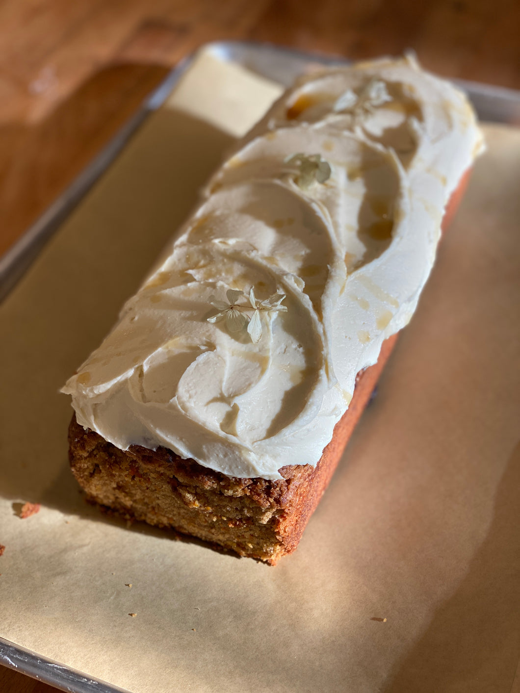 9 inch Cardamom Carrot Cake Loaf in baked in a sweet little wooden box